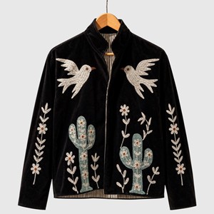 Veste en velours brodée de fleurs, col mandarin, manches longues, grande taille, style automne pour femmes - Product Image 1