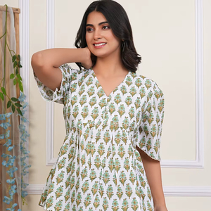 เสื้อ100% สไตล์ peplum สุดชิคผ้าฝ้ายสีขาวสีเขียวอ่อนพิมพ์ลายดอกไม้แขนสั้นเอวตามธรรมชาติสีขาวเป็นมิตรกับสิ่งแวดล้อม - Product Image 1