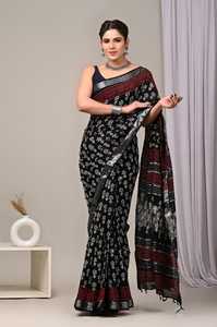 Sari en lin et coton de qualité supérieure avec chemisier en lin, offrant un look traditionnel, élégant et magnifique pour toutes les occasions, festivals ou bureau. - Product Image 5