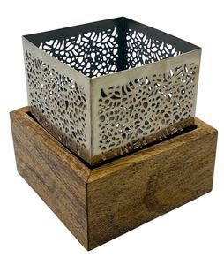 Modern Square Laser Cut Metal Incense Burner with <b>Wooden</b> <b>Block</b> Base Cutout Wire Design Arabic Bakhoor Holder Home Fragrance - Product Image 1