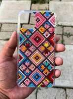 Étui de téléphone fait main en point de croix, œufs de Pâques, lapins, toile bleue et blanche, cadeau artisanal