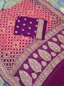 Pure Banarasi Chiffon Georgette Bandhani Suit Set Traditional <b>Gota</b> Patti Zari Weave Premium Unstitched Party Silk Salwar Sun - Product Image 6