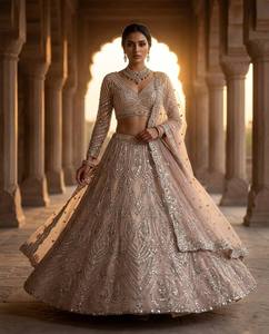 Beige Net Zari <b>Sequin</b> Zircon Lehenga Choli Dupatta A-Line Wedding Outfit Readymade Ethnic Wear for Women - Product Image 1