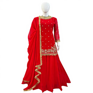 ชุดชาราร่าสีแดงผ้าจอร์เจตต์สวยหรูสไตล์อินเดีย-ปากีสถาน ชุดชาราร่าแบบหนักแน่นสำหรับงานปาร์ตี้ งานแต่งงาน หรือใส่ลำลองสำหรับผู้หญิง - Product Image 1