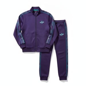 Conjunto Deportivo Unisex Morado, Chaqueta con Cierre Completo y Pantalones con Estampado Geométrico, Transpirable, Estilo Deportivo, Ropa de Otoño - Product Image 1
