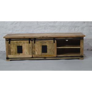 Meuble TV compact rustique en bois de manguier massif de style industriel 3 tiroirs 2 portes coulissantes réglables pour le rangement de meubles de maison - Product Image 3