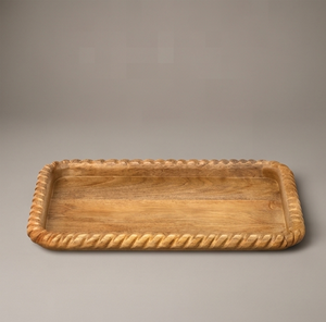 Unique Carved Rope Pattern <b>Wooden</b> Serving Tray Natural Hardwood Platter with Textured <b>Border</b> and Raised <b>Edge</b> - Product Image 2