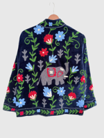 Veste en velours brodée à la main, motif floral éléphant, col rabattu, manches longues, grande taille, style Prairie Chic pour femme