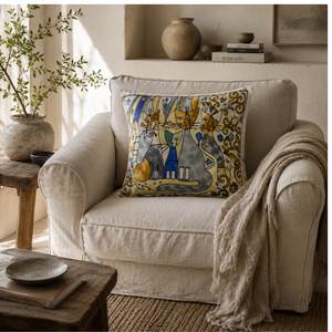 Square Kashmiri Aari Hand Embroidered Bohemian Home Decor <b>Cushion</b> Cover 16" Cotton <b>Silk</b> Thread Cat Design Eco-Friendly Zipper - Product Image 4