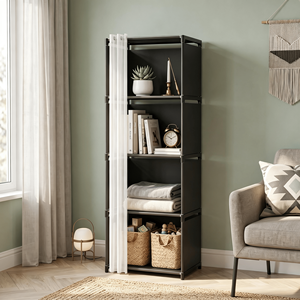 5-Tier Storage Cabinet Closet with Curtain Silver Metal Pipe <b>Shelf</b> <b>Rack</b> Black Fabric Panels Freestanding - Product Image 4
