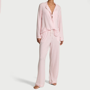 Women's 2-Piece Striped Pajama Set <b>Long</b> Sleeve Full Length Polyester Sleepwear Classic Turn-Down Collar Elastic Waist Spring - Product Image 1