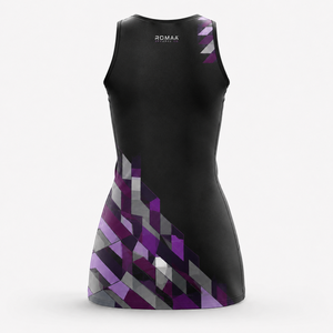 Vestido de netball personalizado para mujer, sin mangas, con cuello redondo, uniforme de equipo con dorsal posicionado, en colores negro, ciruela, morado, lila y gris. - Product Image 5