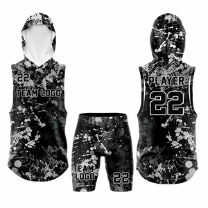 Conjunto Deportivo Personalizado Sublimado, Camiseta sin Mangas con Capucha y Pantalones Cortos de Compresión, Diseño con Salpicaduras de Pintura, Unisex, para Equipos Deportivos, 100% - Product Image 4