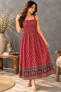 Vestido Maxi Rojo Bohemio de Algodón con Cuello Cuadrado, Estampado Floral, Cintura Imperio y Diseño Fruncido, Ideal para Vacaciones de Verano - Product Image 1