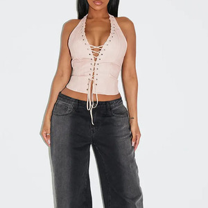 Top corsé rosa para mujer con cuello halter y cordones, cierre de corchetes, faja transpirable moldeadora para uso diario - Product Image 5