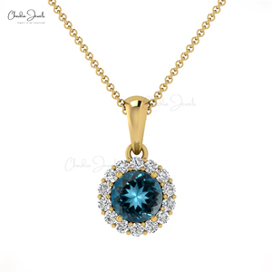 Trending Products 4mm Prong Set London Blue Topaz Gemstone Halo <b>Pendant</b> with 14k <b>Solid</b> <b>Gold</b> Customized Diamond <b>Pendant</b> Jewelry - Product Image 1