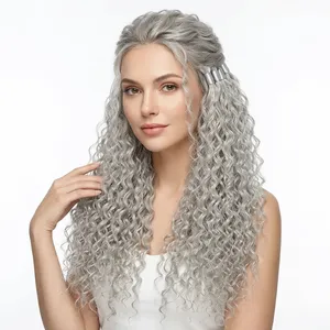 Remy Bulk <b>Hair</b> Long Ash Blonde Silver Gray Deep <b>Curly</b> Human <b>Hair</b> <b>Wig</b> Natural Wavy Hairpiece for Women - Product Image 1