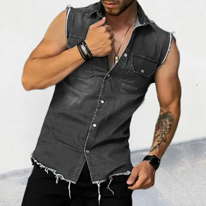Gilet sans manches en jean pour homme, col rabattu, décontracté, bords effilochés, coupe classique, idéal pour l'été - Product Image 1