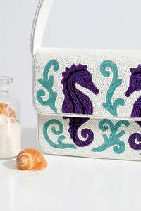 Sac à main en toile brodé à la main avec perles de verre, forme rectangulaire, motifs violet et turquoise, fil en polyester, lavable, usage quotidien - Product Image 2