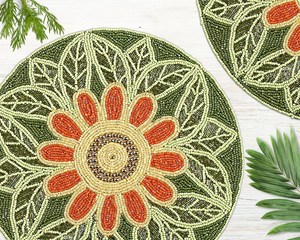 Handmade Beaded Round Placemat Floral Design Luxury Glass Bead <b>Table</b> <b>Mat</b> for Dining <b>Table</b> Decor Green & Orange Craftera Exports - Product Image 5
