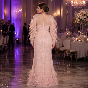 Vestido de Noche de Lujo Color Rosa Rubor con Plumas de Sirena para Mujer |   Vestido de Fiesta Bordado de Diseñador |   Vestidos Elegantes para Bodas y Recepciones - Product Image 3