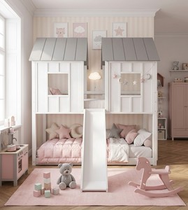 Lit superposé en bois avec toboggan, design maison, pour enfants, rose et blanc, style scandinave, meubles de chambre à coucher - Product Image 4