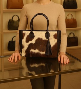 Sac fourre-tout haut de gamme en cuir véritable de vachette à poils, avec fermeture éclair, broderie, couleur unie, style vintage, sac à main pour femme LHTB-0041 - Product Image 2