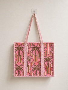 Pink Printed <b>Canvas</b> <b>Tote</b> Bag Bohemian Style Summer Shopping Bag with Palm Tree Pattern and Striped Design - Product Image 1