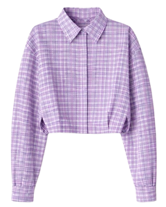 Camisa Corta a Cuadros Color Lavanda para Mujer, Cuello Camisero, Manga Larga, Botones, Blusa Informal, Fabricante OEM Personalizado - Product Image 1