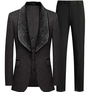 Costume de smoking bleu pour homme, ensemble 3 pièces, veste ornée de strass, gilet et pantalon noir, tenue de cérémonie pour marié - Product Image 6