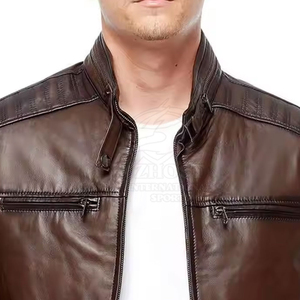 <b>Brown</b> <b>Leather</b> <b>Jacket</b> <b>Men</b> Zip Up Biker <b>Jacket</b> Stand Collar Regular Fit Winter Outerwear - Product Image 5