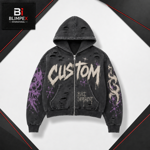 Sudadera con Capucha Personalizada con Logotipo, Estilo Desgastado, para Hombre, Talla Grande, Transpirable, Resistente al Viento, con Borde Crudo, Parche con Letras y Diseño de Salpicaduras de Color - Product Image 1