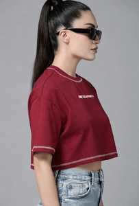 Oneten Apparels T-shirt décontracté pour femme, couleur bordeaux, à manches courtes, col rond, écologique - Product Image 2