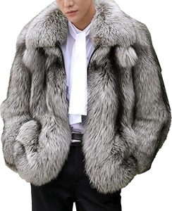 Manteau en fausse fourrure de renard pour homme, épais, longueur standard, col rabattu, parka, couleur unie, vêtement d'extérieur - Product Image 3