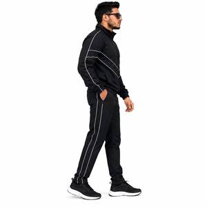 Survêtement zippé coupe-vent noir pour homme avec imprimé rayures blanches, col montant, logo frontal, coupe régulière, style sportif, idéal pour l'hiver - Product Image 3