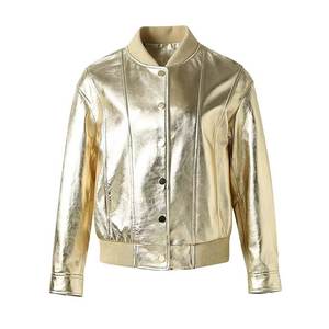 Blouson bomber en satin doré, col montant, manches classiques, style décontracté, unisexe, pour l'automne, couleur unie, fermeture boutonnée - Product Image 1