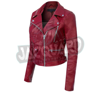 Chaqueta de cuero roja corta de moda para mujer, de calidad premium, con cierre de cremallera frontal, elegante chaqueta de cuero. - Product Image 4