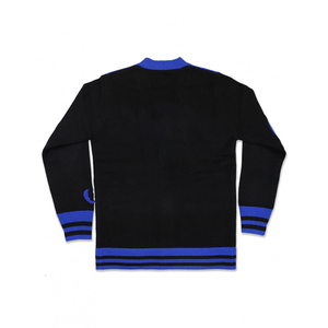 Cardigan pour femme ZPB Style Soro, tricot personnalisé bleu et noir, col en V, boutonné, broderie de lettres grecques, style universitaire - Product Image 2