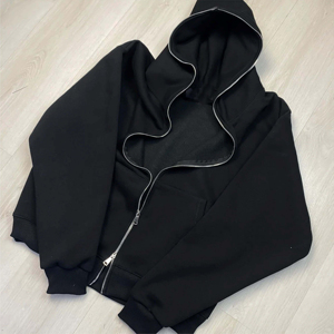 Nouvel arrivage : Sweat à capuche décontracté zippé 100 % coton, thermique, léger, uni avec cordon de serrage - Product Image 3