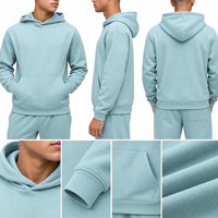Sweater Hoodie Pria Biru Muda Bahan Fleece Warna Solid Regular Fit Desain Saku Pakaian Kasual Gaya Musim Gugur 100% Katun Rajut