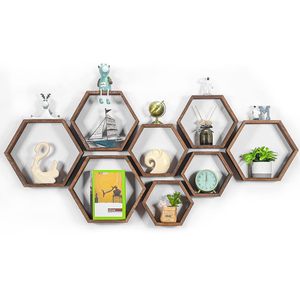 Étagères murales hexagonales Art Déco en bois, marron, en forme de nid d'abeille, pour le rangement, la décoration de salon et l'exposition de plantes - Product Image 1