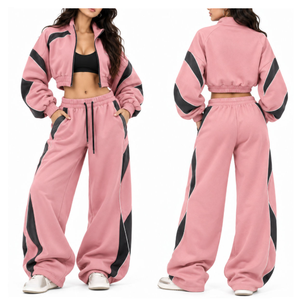 OEM Wholesale Manufacturer <b>Women's</b> <b>Pink</b> Color Block Cropped Zip-Up Jacket Wide Leg Pants Set Contrast Panel <b>Tracksuit</b> - Product Image 6