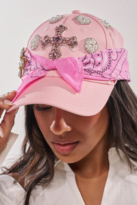 Gorra de béisbol rosa con lazo y decoración de cruz de diamantes de imitación para mujer, moda informal, primavera y verano, ajuste ajustable, gorra de 6 paneles - Product Image 6