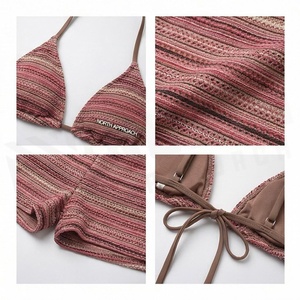 Ensemble bikini rayé à bretelles avec short à cordon de serrage, maillot de bain deux pièces pour femme, tenue de plage, logo Afrique du Nord sur le devant - Product Image 4