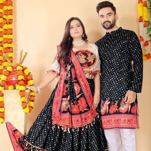 Latest Navratri Couple Collection Premium Lehenga Choli And <b>Men</b> Muslin Cotton <b>Kurta</b> Pant Wholesale Rate By Royal Exports - Product Image 4