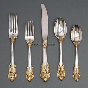 Ensemble de couverts en acier inoxydable poli argenté avec accents dorés, finition miroir, pour service de table, mariage, ustensiles de cuisine - Product Image 1