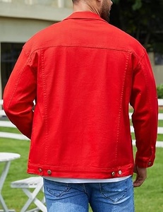 Men's Red Denim Jacket Solid Color Turn-down Collar Casual Style Single <b>Button</b> Front Regular Fit Spring Wear - Product Image 5