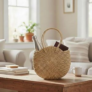 Handwoven <b>Straw</b> Tote <b>Bag</b> for Women Round Wicker Beach <b>Bag</b> Stylish <b>Summer</b> Shoulder Handbag - Product Image 6