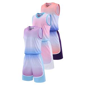 Ensemble de maillots de basket-ball unisexe imprimés par sublimation, dégradé de couleurs, sans manches, col en V, évacuation de l'humidité, séchage rapide, respirant, 100% - Product Image 1