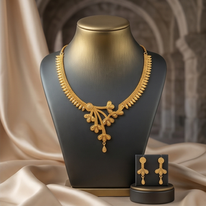 Divyoro Gold Plated Copper Alloy Short <b>Necklace</b> Earrings Set Women's Statement Jewelry Plant Pattern Classic Adjustable Length - Product Image 2